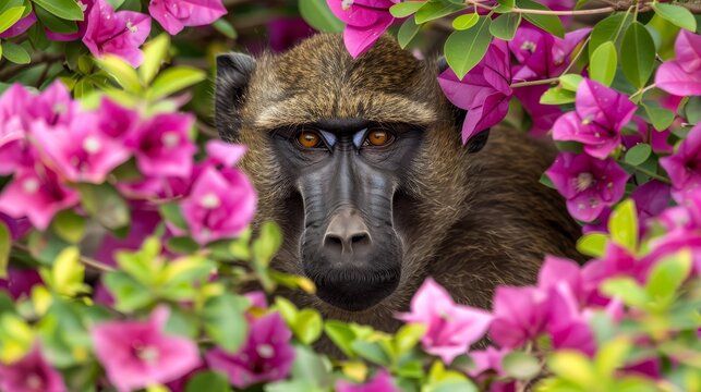   A tight shot of a monkey amidst a bush, foreground filled with colorful flowers Background softly rendered in pink blooms
