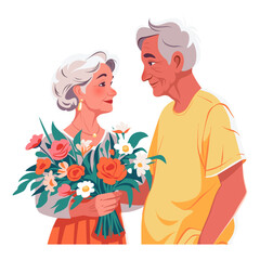 Old man gives bouquet of flowers to sweet old lady. Love and date concept. Vector flat illustration