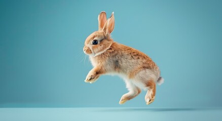   A rabbit leaping high with splayed front paws and elevated head