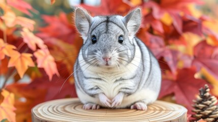   A gray and white hamster atop a wooden piece, before a fall-hued tree