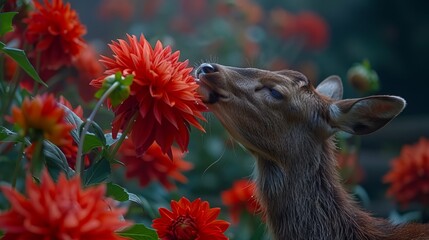 Naklejka premium A tight shot of a deer gazing at a flower stem among a cluster of blossoms
