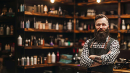 Confident bearded barber crossing arms in his stylish vintage shop, ready for craft and clientele.