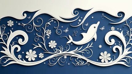  A Paper Bird on a Floral Branch Against a Blue-White Backdrop..Text: A meticulously crafted papercut depicts a bird perched comfortably - obrazy, fototapety, plakaty