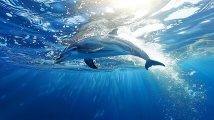   A dolphin swims in the ocean with the sun casting light on its dorsal fin and head breaking the water's surface