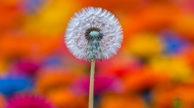   A tight shot of a dandelion against a vibrant, multi-hued backdrop The dandelion image is softly blurred