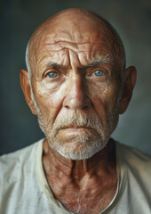 Resolute senior man with arresting eyes delivers a powerful silent narrative in his portrait.
