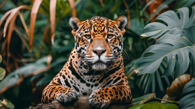  A tight shot of a tiger perched on a tree branch amidst a lush cluster of green foliage and trees
