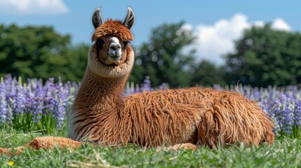 Naklejka premium A tight shot of a llama reclining in a meadow of green grass and vibrant purple flowers, with trees forming a backdrop