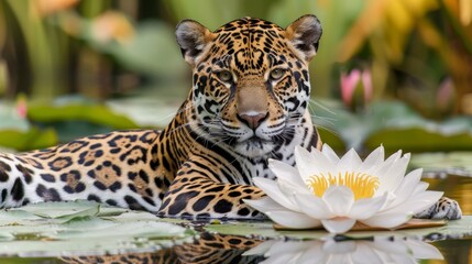   A tight shot of a cat atop water, gazing at a floating flower nearby