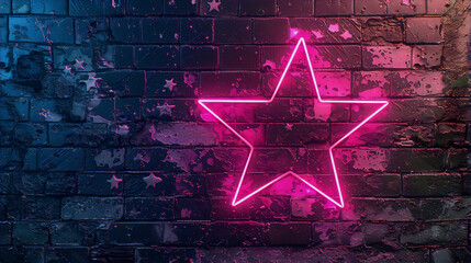 Glowing pink neon star on grunge brick wall with blue and purple highlights, in retro futurism style, conveys a sense of nostalgia and hope. - obrazy, fototapety, plakaty