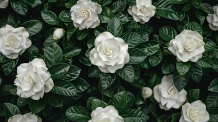   A lush green plant, abundantly adorned with a mass of white flowers atop its verdant foliage - obrazy, fototapety, plakaty