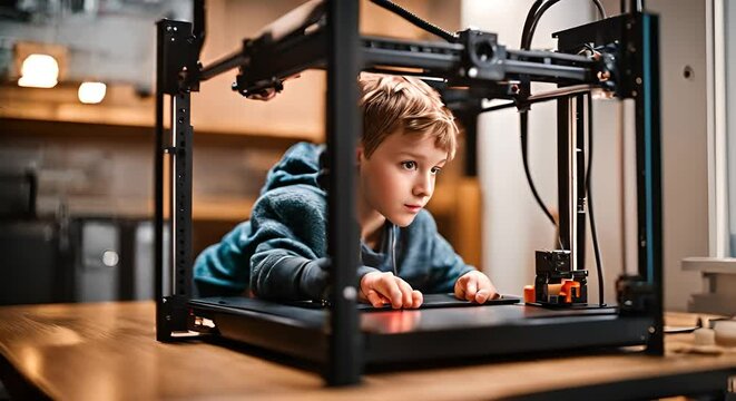 Child with 3D printer.