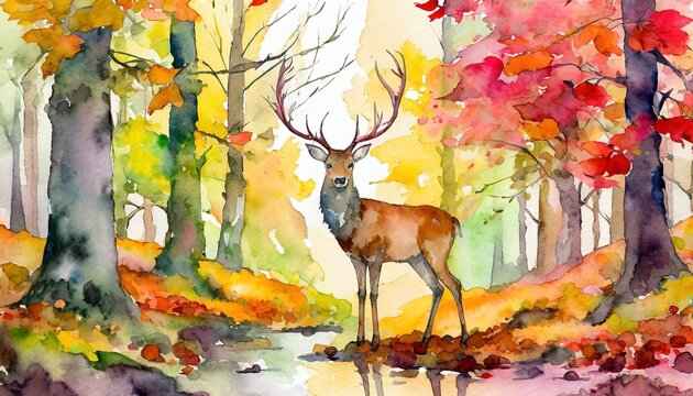 deer in autumn forest, watercolor illustration