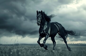   A black horse gallops through a field of grass Behind it, a stormy sky looms with ominous clouds in the distance Clouds hover nearer in the foreground