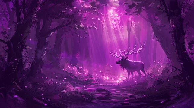   A deer painted in a forest, its antlers emitting purple light