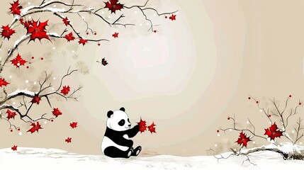  Panda bear sits in snow beneath red-leafed tree