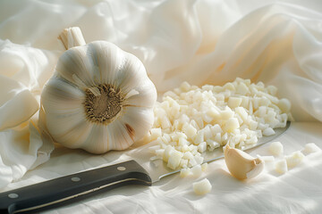 Garlic bunch and sliced pieces on white clothes with a knife