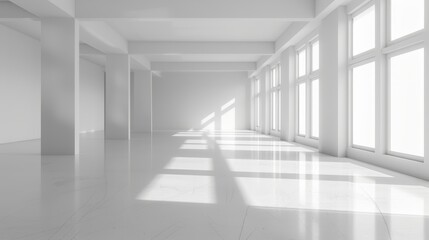   A large, white room filled with numerous windows A lengthy hallway bathed in sunlight streaming through the panes