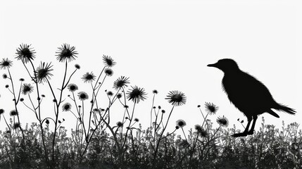 Obraz premium A monochrome image of a bird in a dandelion field against a white backdrop