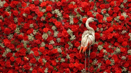 Fototapeta premium A flamingo poses before a backdrop of red and white blooms, its lengthy neck and legs extending prominently