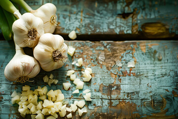 Garlic bunch and sliced pieces on old wooden table background, with copy space