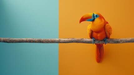   A vibrant bird perches on a wooden branch against a backdrop of blue-yellow walls