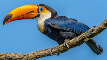 Obraz premium A toucan perched on a tree branch against a blue sky background
