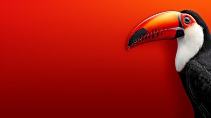   A tight shot of a toucan against a vibrant backdrop of red and orange, its contrasting black-and-white beak standing out distinctly - obrazy, fototapety, plakaty
