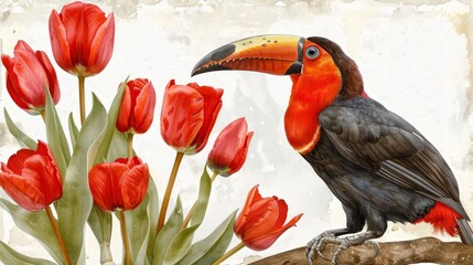 Fototapeta premium A toucan on a branch with red tulips in the foreground