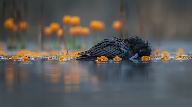   A black bird perches atop a body of water, surrounded by orange and yellow flowers along the edge