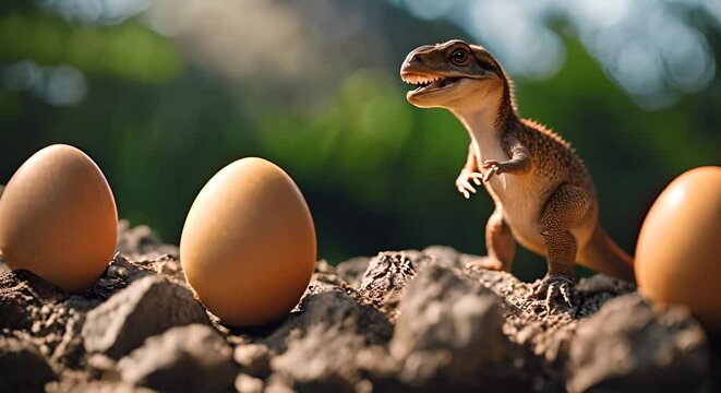 Dinosaur next to an egg. Dinosaur egg.