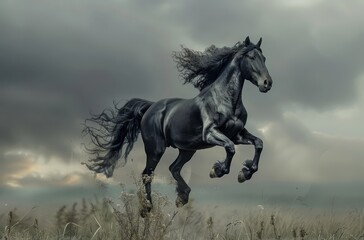 Obraz na płótnie Canvas A black horse gallops through a tall grass field on a cloudy day; the dark sky looms in the background