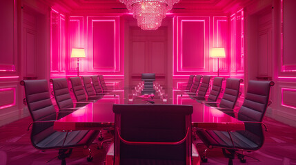 Amidst pink hues, he commands boardrooms with elegant authority.