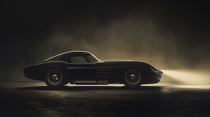 A dark retro sports car Bathed in golden light in a dusty garage ,automotive ,retro futurism ,sepia ,interior