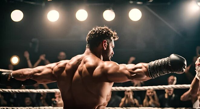Fighter celebrating a victory in the ring.