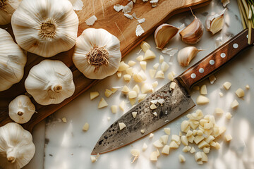 Garlic bunch and sliced pieces with knife on the marble stone surface table