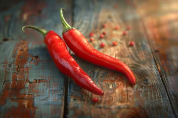 Rolgordijnen Fresh red long chili on on old wooden table © patpitchaya