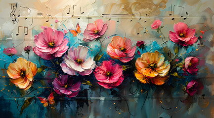 Enchanted Garden Melody: Colorful Oil Painting with Floral Symphony and Musical Backdrop
