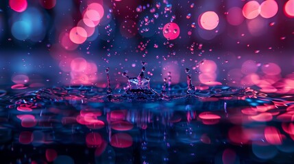   A tight shot of a water droplet on a smooth surface, surrounded by an out-of-focus backdrop of red and blue lights