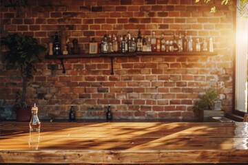 Retro and vintage warm inviting atmosphere in a home bar with brick wall and wooden table