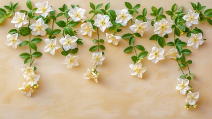   A beige background features a collection of white blossoms and green foliage Text space is located bottom right