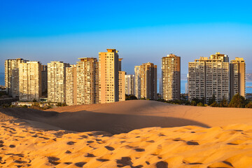 View of buildings in Concon from the sand dunes, Valparaiso Region, Chile
