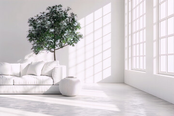 White minimalist interior design living room with large windows and a tree