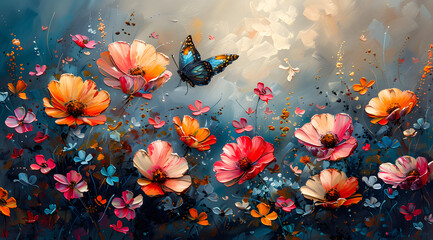 Nature's Sonata: Lush Oil Painting Evoking Harmony with Floral and Musical Elements - obrazy, fototapety, plakaty