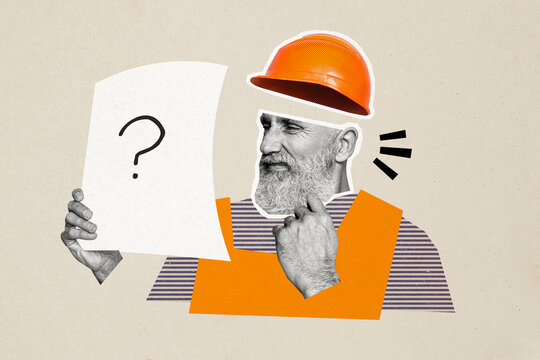Creative trend collage of old builder building plan question task confused banner bizarre unusual fantasy billboard comics