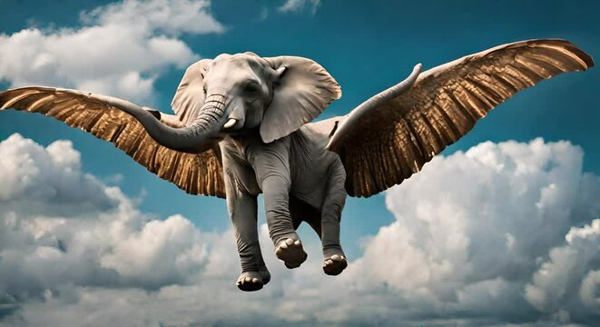 Elephant with wings in the sky.