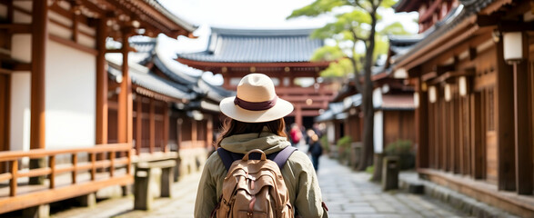 Backpacker Exploring Kyoto Temple Trail: Immerse Yourself in Ancient Temples and Historic Streets on Your Journey
