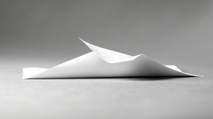   A monochrome image of an origami boat, crafted from paper, situated against a minimalist backdrop in gray tones, resting on a flat plane