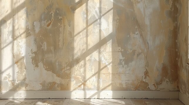   A corner room, window revealing light, wall bearing peeling paint