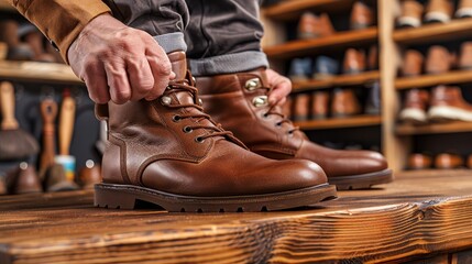   A tight shot of someonetrying on brown bootson a wooden tablein a shoestore